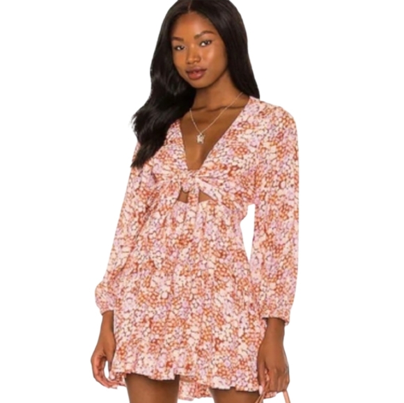 l*space Dresses & Skirts - NWT L*SPACE Stay Golden Ditsy Floral Print Cut Out Tie Front Tiered Mini Dress L